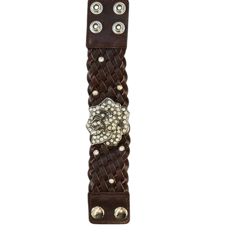 Brown Leather Snap Bracelet‎ w/ Rhinestone Flower